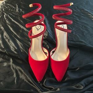 Size 7 1/2 Velvet red pumps with velvet rhinestone straps and silver tips